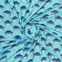 Трикотажная ткань бирюзовая синий принт