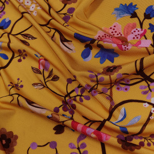 Трикотажная ткань желтая цветочный принт
